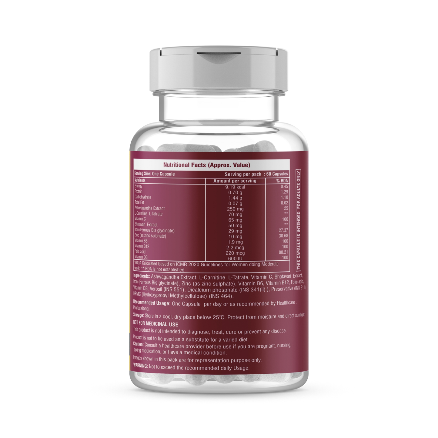 Women Energy+ | Herbal Multivitamins capsules with Ashwagandha, Shatavari, Iron, Vitamin C, B6, B12, Folic Acid & Zinc | 60 Veg Capsules