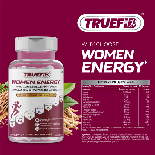 Women Energy+ | Herbal Multivitamins capsules with Ashwagandha, Shatavari, Iron, Vitamin C, B6, B12, Folic Acid & Zinc | 60 Veg Capsules