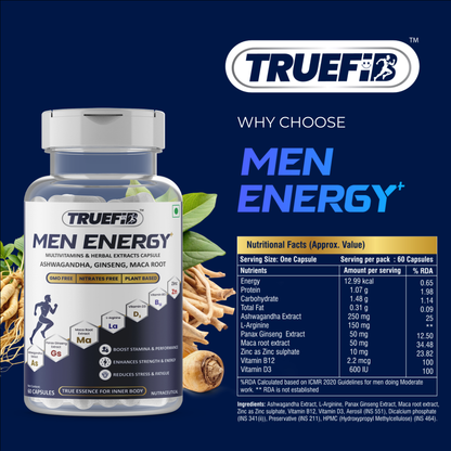 Men Energy+ | Herbal Multivitamins capsules with Ashwagandha, Panax Ginseng, Maca, L-Arginine, Zinc, Vitamin D3 & B12