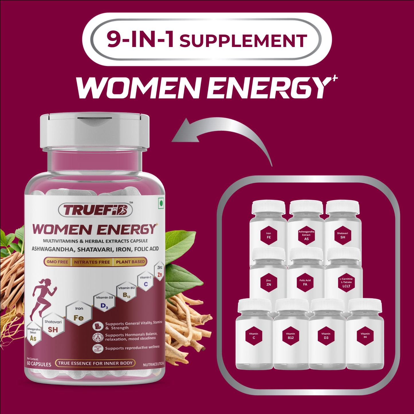 Women Energy+ | Herbal Multivitamins capsules with Ashwagandha, Shatavari,  Iron, Vitamin C, B6, B12, Folic Acid & Zinc | 60 Veg Capsules