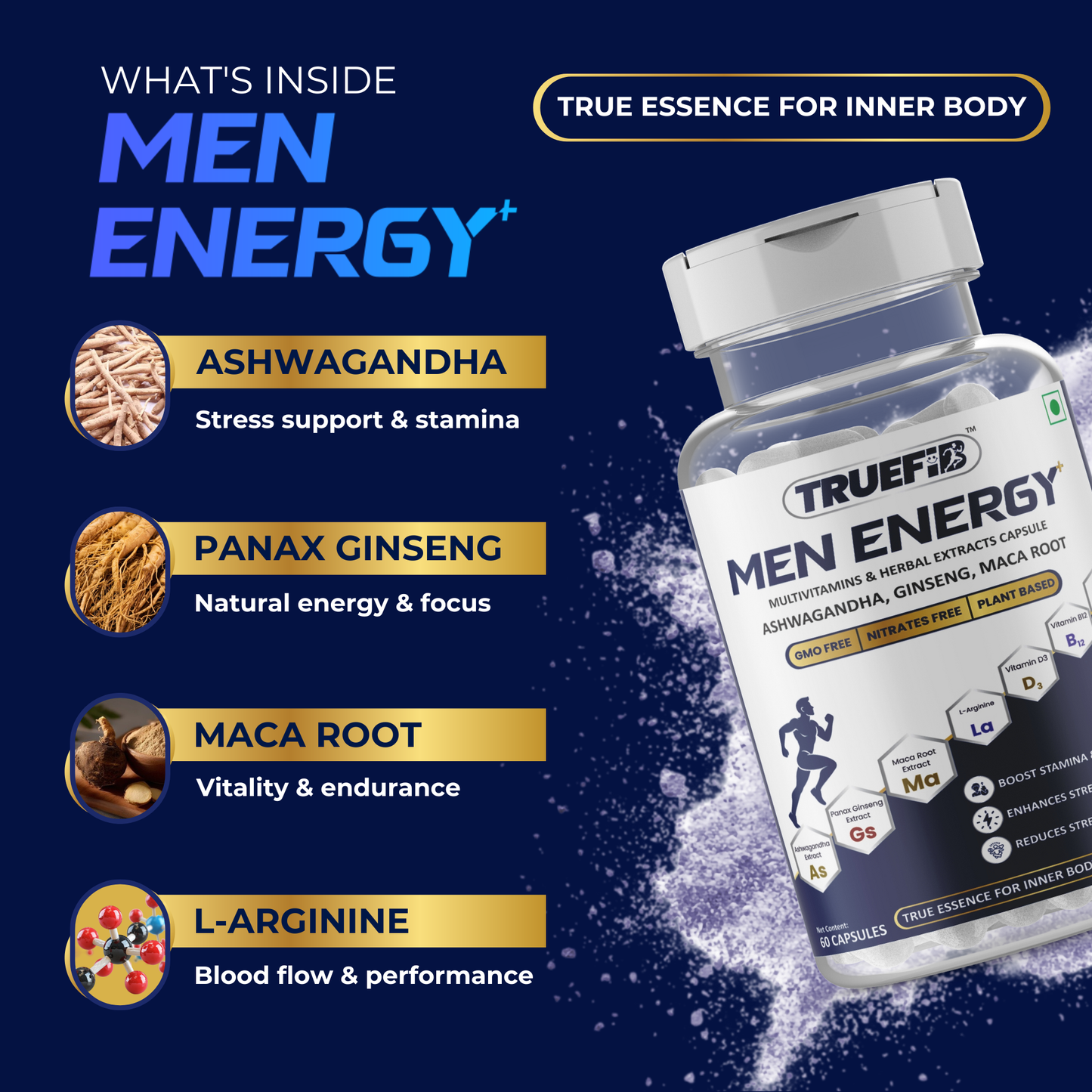 Men Energy+ | Herbal Multivitamins capsules with Ashwagandha, Panax Ginseng, Maca, L-Arginine, Zinc, Vitamin D3 & B12