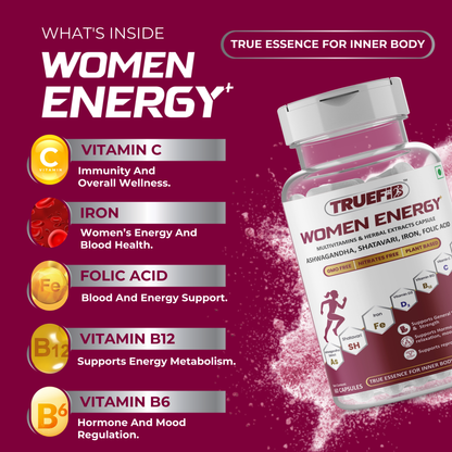 Women Energy+ | Herbal Multivitamins capsules with Ashwagandha, Shatavari,  Iron, Vitamin C, B6, B12, Folic Acid & Zinc | 60 Veg Capsules