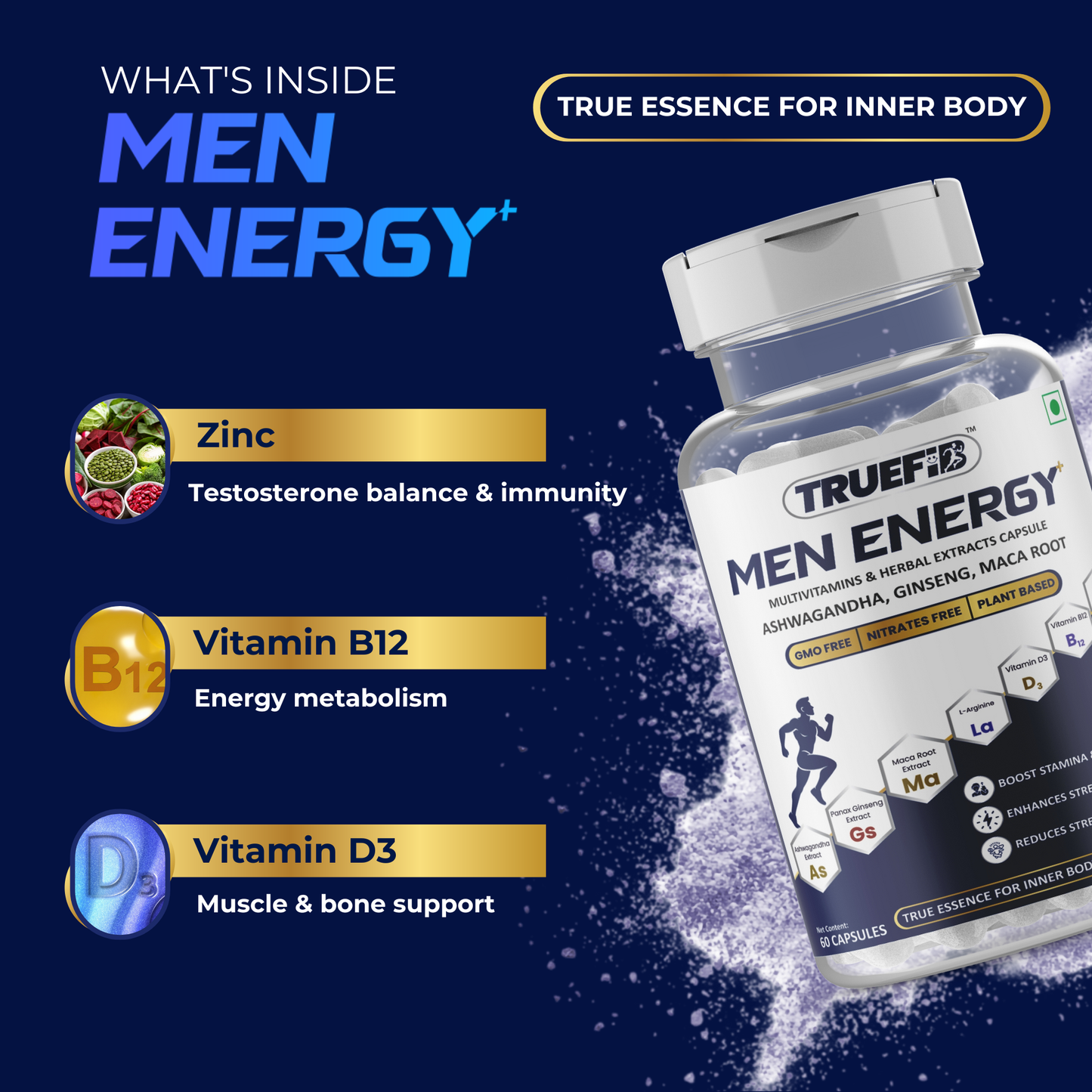 Men Energy+ | Herbal Multivitamins capsules with Ashwagandha, Panax Ginseng, Maca, L-Arginine, Zinc, Vitamin D3 & B12