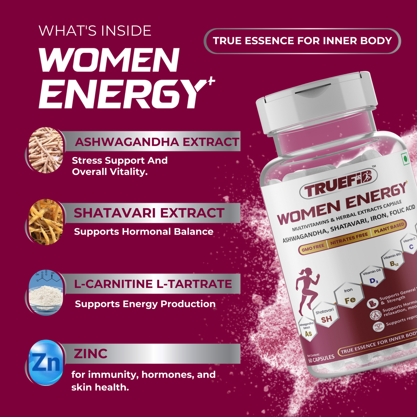 Women Energy+ | Herbal Multivitamins capsules with Ashwagandha, Shatavari,  Iron, Vitamin C, B6, B12, Folic Acid & Zinc | 60 Veg Capsules