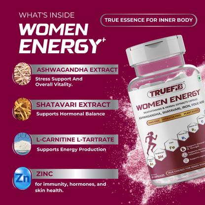Women Energy+ | Herbal Multivitamins capsules with Ashwagandha, Shatavari,  Iron, Vitamin C, B6, B12, Folic Acid & Zinc | 60 Veg Capsules